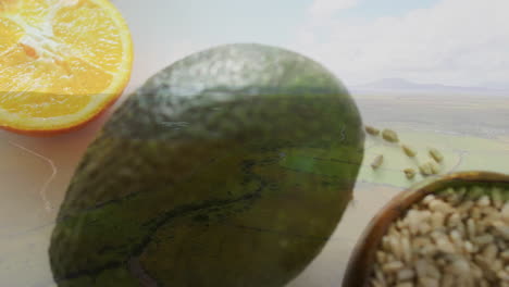 avocado and orange with grains and seeds, creating healthy food animation