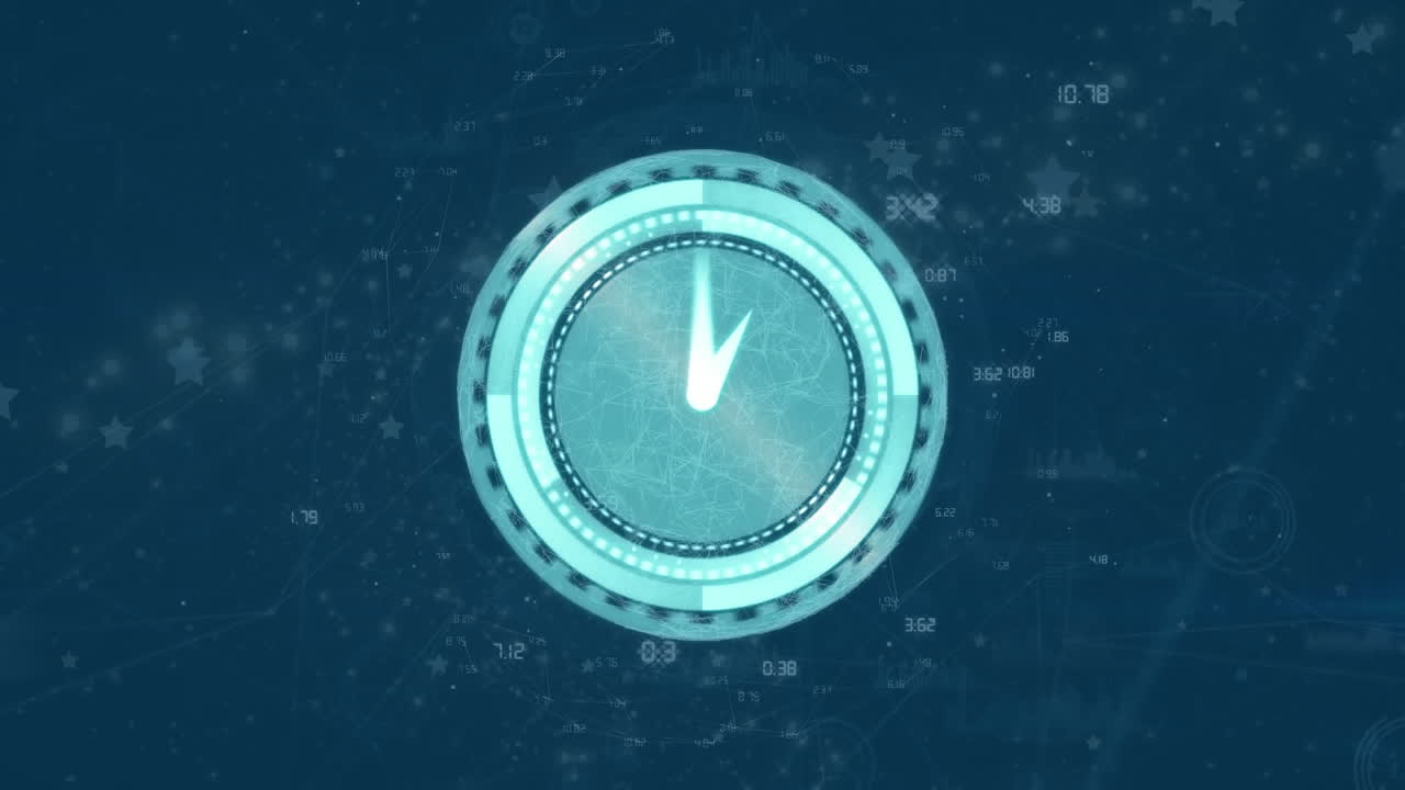 Animation of clock ticking and data processing over network of connections