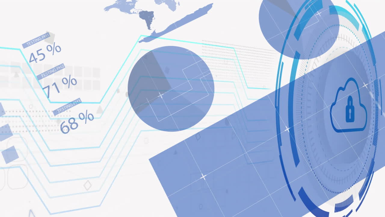 Digital data visualization showing blue circuit lines with testing phase metrics, HUD cloud padlock
