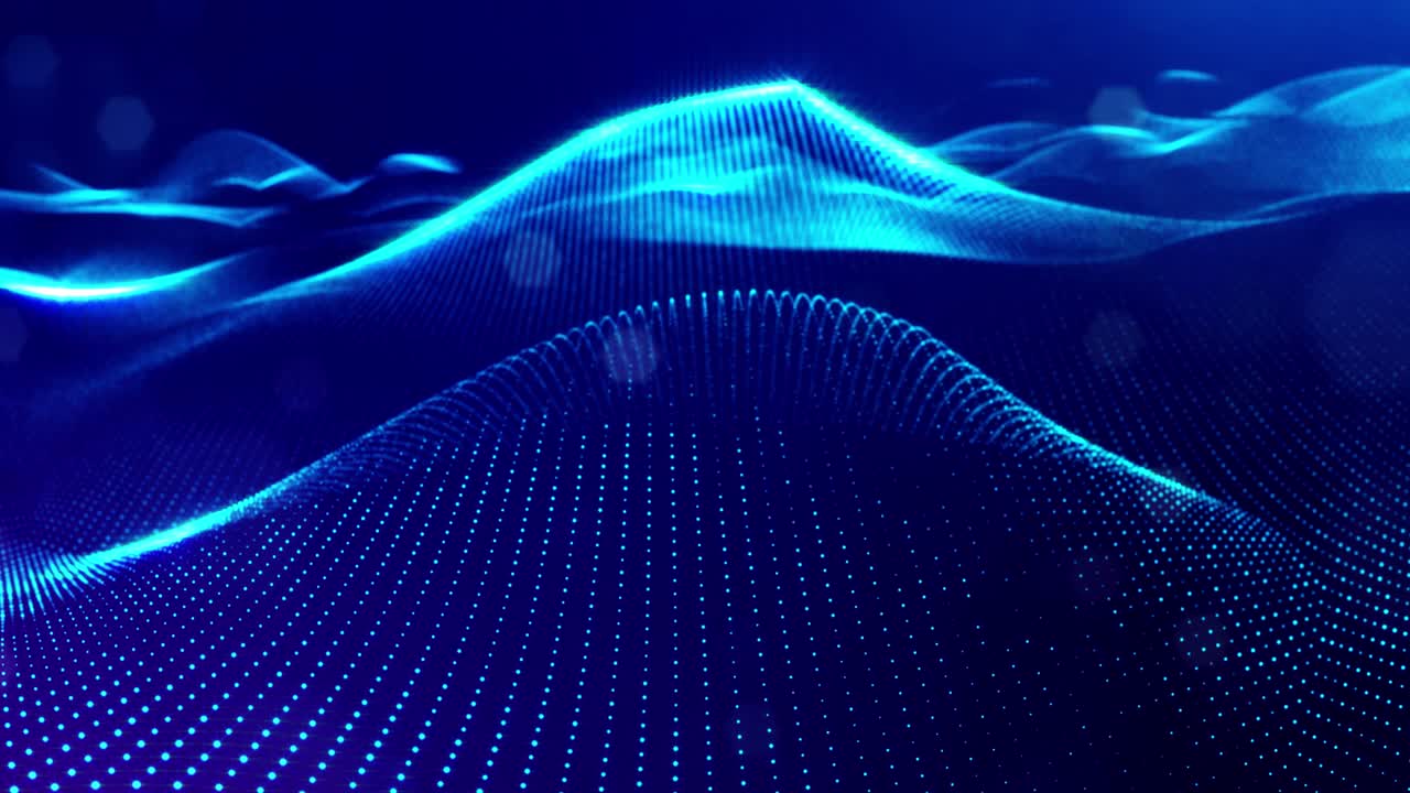 3d en bucle bg concepto de flujo de datos, espacio digital de fondo de ciencia ficción. campo azul de alta tecnología con partículas de brillo forman líneas y ondas de superficie. flujo de información de alta tecnología, blockchain, visualización de bigdata. dof
