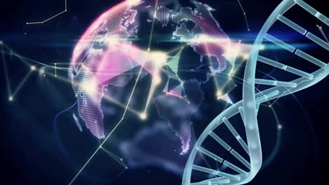 Animating-DNA-strand-and-network-connections-over-glowing-globe