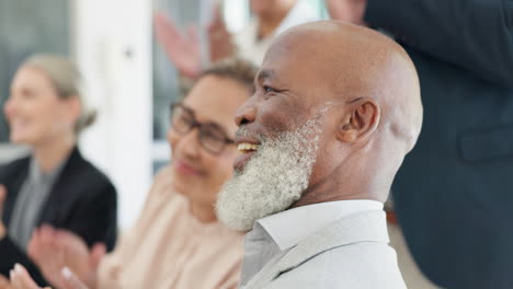 business man, applause and people at conference