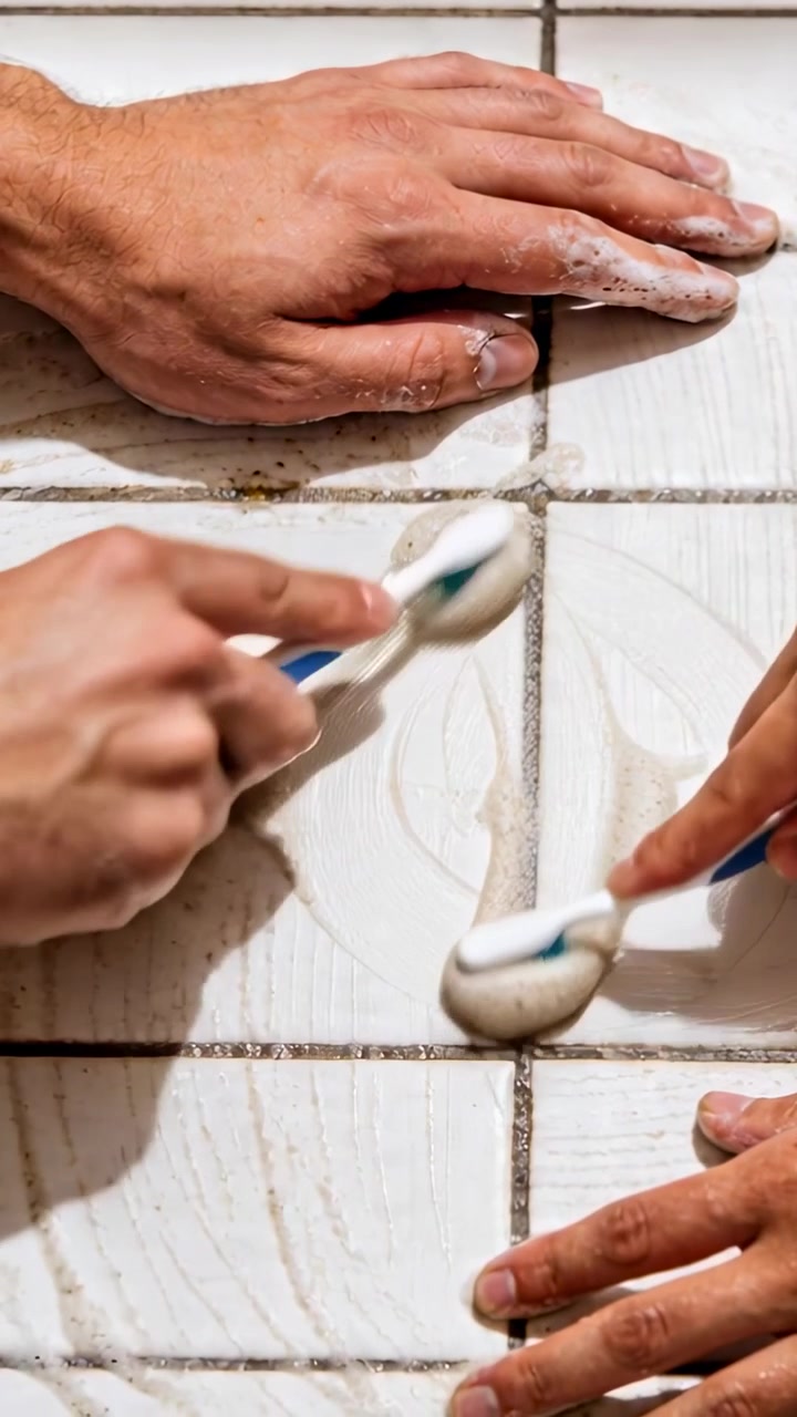 Vertical video: Toothbrushes meeting grout, two hands scrubbing tiles in bathroom, clearing grime