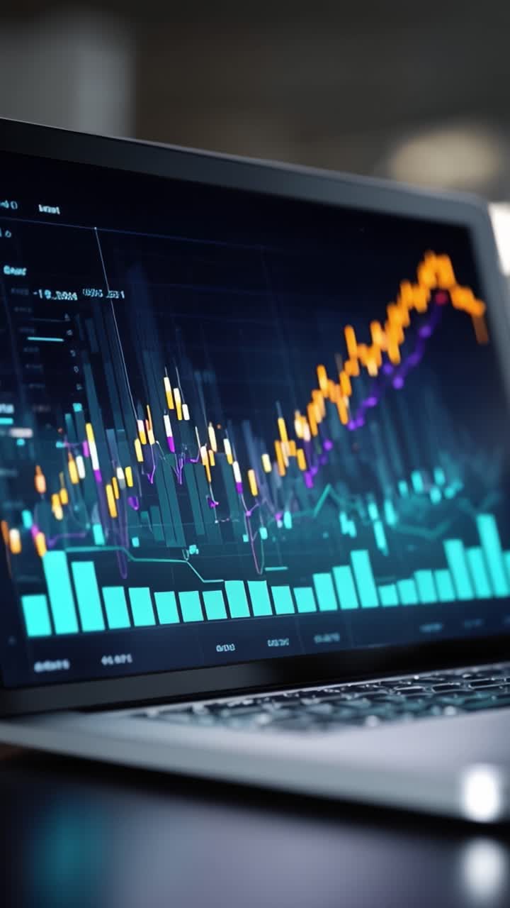 Análise Financeira Dinâmica: Tendências de Desempenho Visualizadas em uma Tela de Laptop Mostrando Dados do Mercado de Ações e Análise de Movimento de Preços com Gráficos Vívidos.