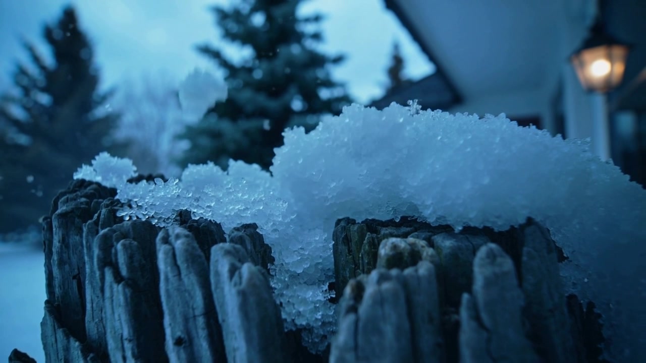 Panning camera revealing weathered post at porch, highlighting granular snow and lit lantern