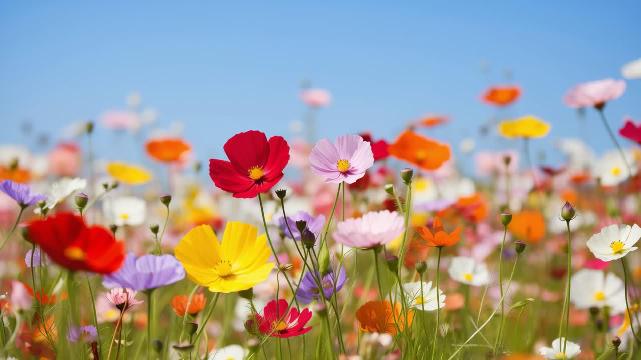 Beautiful cosmos flowers are creating a colorful spectacle in a field, their vibrant hues standing out against the clear blue sky, offering a stunning display of nature's beauty