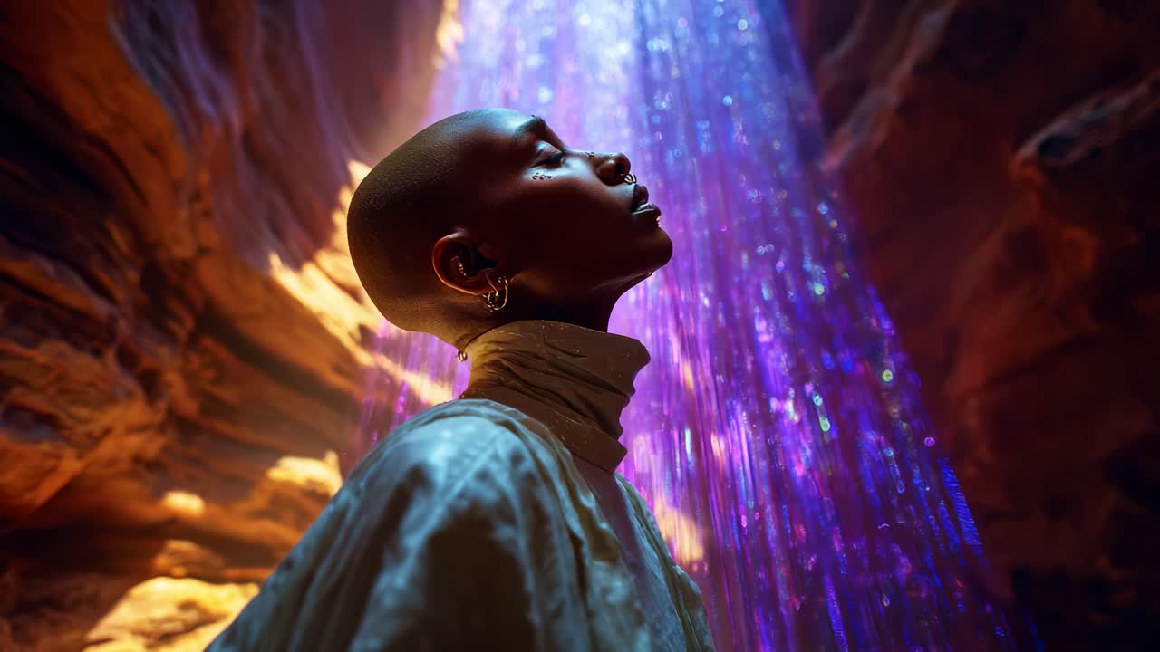 A Serene Moment Captured: A Person with a Shaved Head Silhouetted Against a Dramatic Light Show in a Vibrant Canyon, Evoking Calmness and Wonder in Nature's Beauty