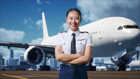 asian woman pilot smiling and crossing her arms to camera while standing in airfield with airplane on background