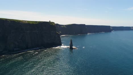 A-drone-shot-of-the-Cliffs-of-Moher,-the-tallest-sea-cliffs-of-the-rugged-West-Clare-Coast-of-Ireland