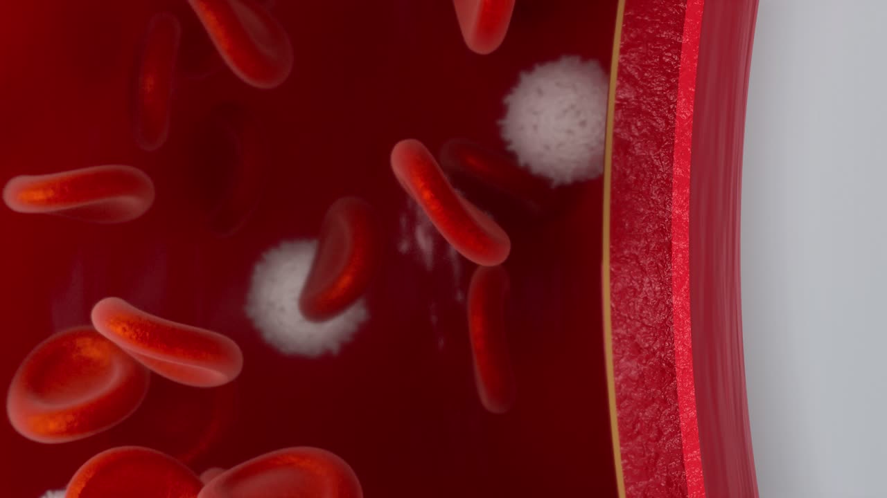 혈관에서 흐르는 적혈구와 백혈구, 3d 렌더링