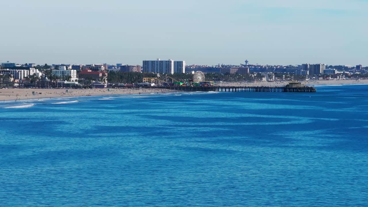 Still aerial drone shot of Santa Monica Beach and Santa Monica Pier