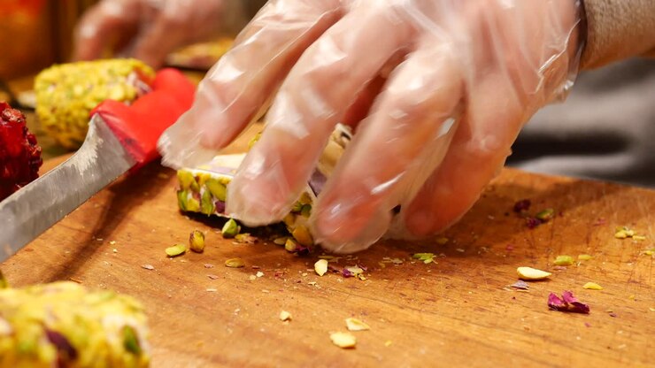 Taglio di Lokum su un Tagliere di Legno