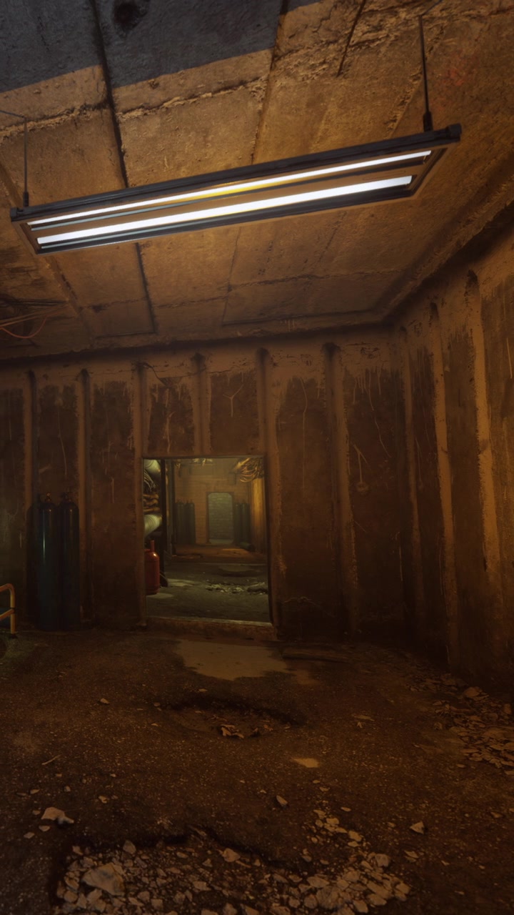Antiguo espacio subterráneo con paredes sucias y luz de la entrada.