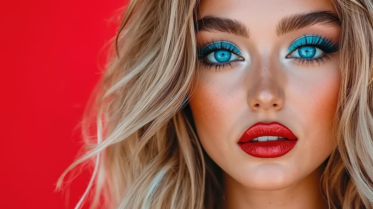 una mujer con ojos azules y lápiz labial rojo