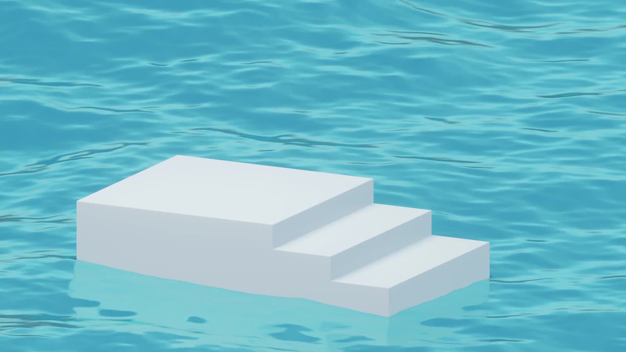 pódium de maqueta abstracto blanco, pasos en el agua. animación de bucle 3d con olas azules en la superficie del agua. fondo líquido sin costuras. plataforma moderna para la promoción de productos.