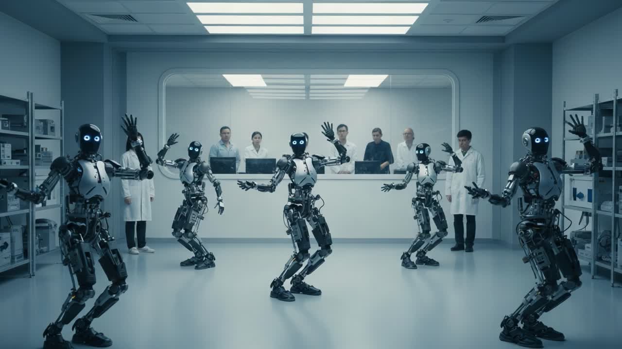 An Engaging Display of Robotic Coordination: A Group of Advanced Robots Dance in Sync While Scientists Observe in a High-Tech Laboratory Environment