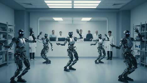 an engaging display of robotic coordination: a group of advanced robots dance in sync while scientists observe in a high-tech laboratory environment