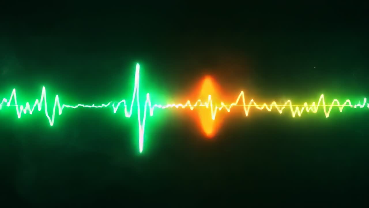 Loop starting neon audio waveform oscillating across void, with glowing peaks for rhythmic effect