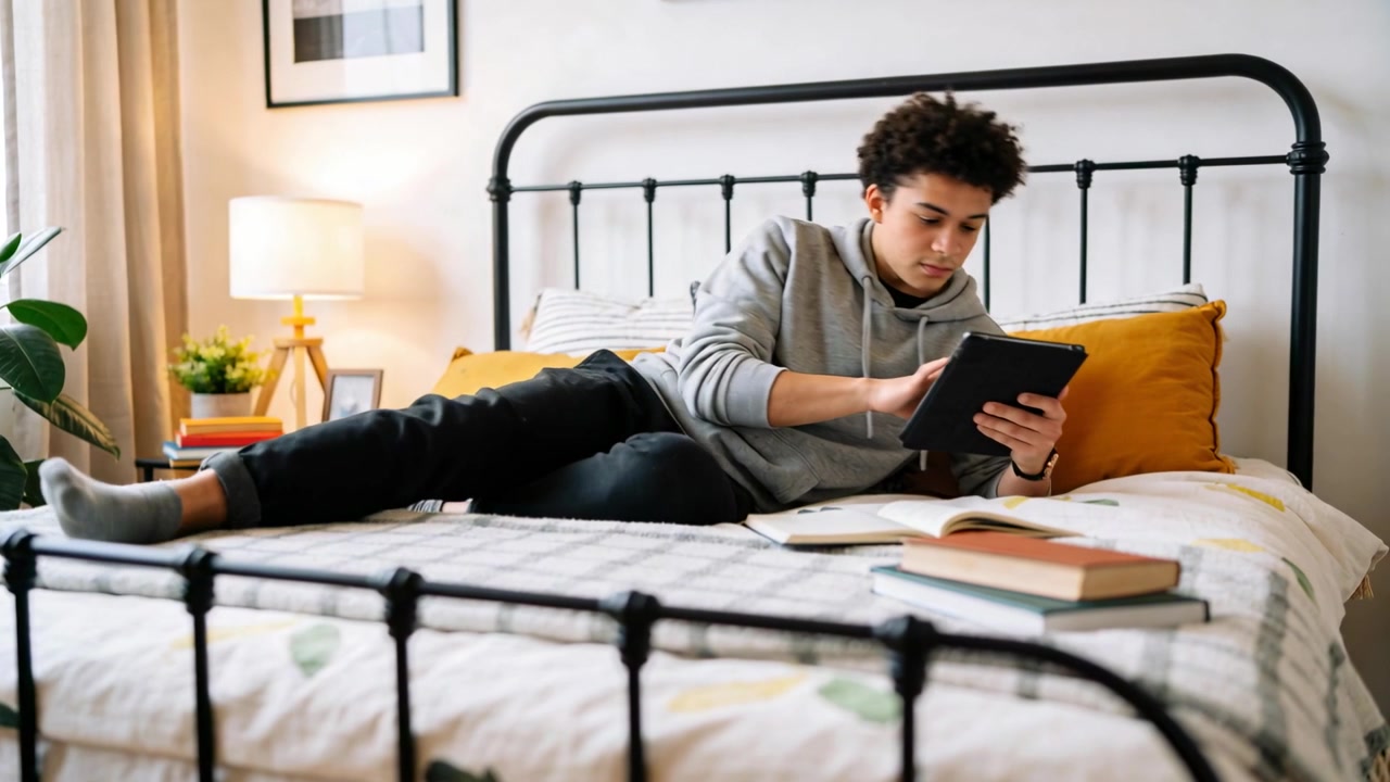 Tapping tablet, teen in light-gray hoodie scrolling study notes in bedroom with open book