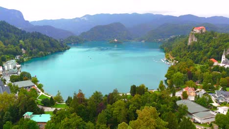 stunning drone footage of lake bled, slovenia, showcasing the iconic island, castle, and lush landscapes