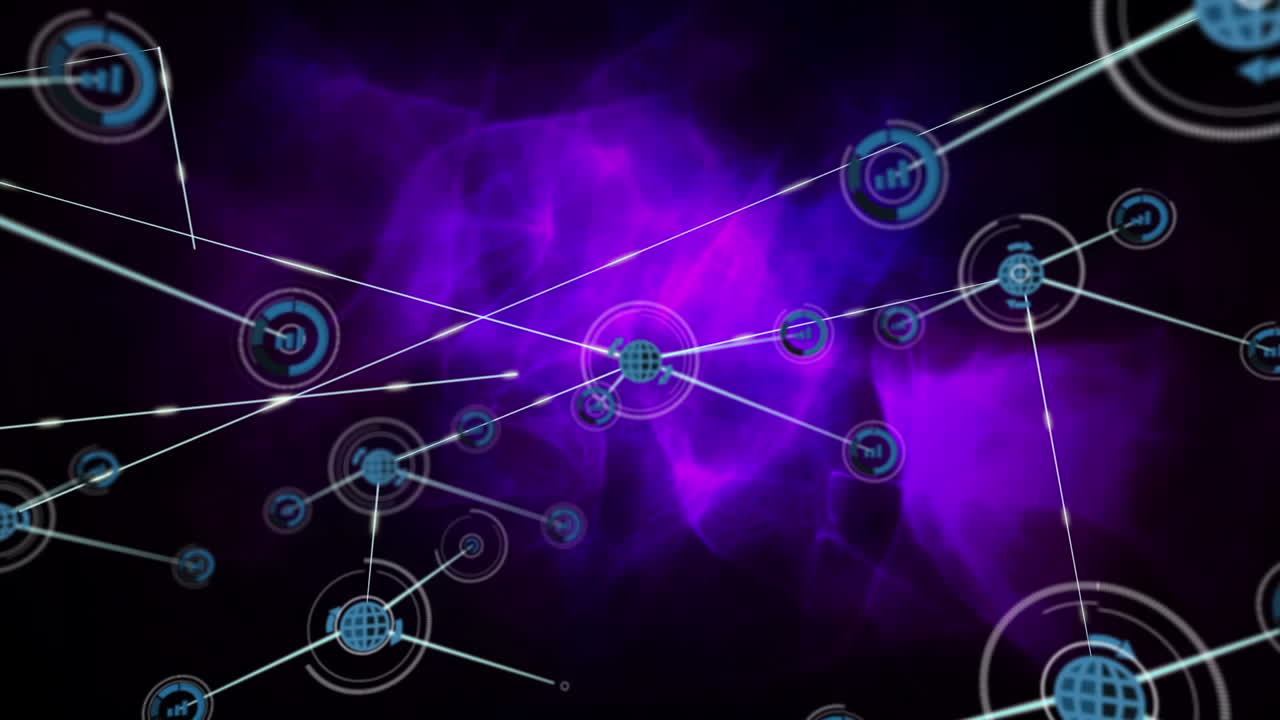 animación de la red de conexiones con iconos sobre fondo oscuro