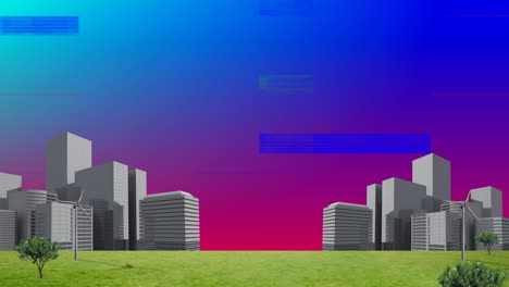 estática colorida y un campo con edificios