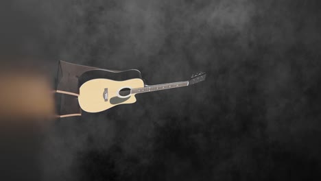 Vertical-video-of-tan-acoustic-guitar-rendered-with-wooden-stand-and-smoke-on-black-background