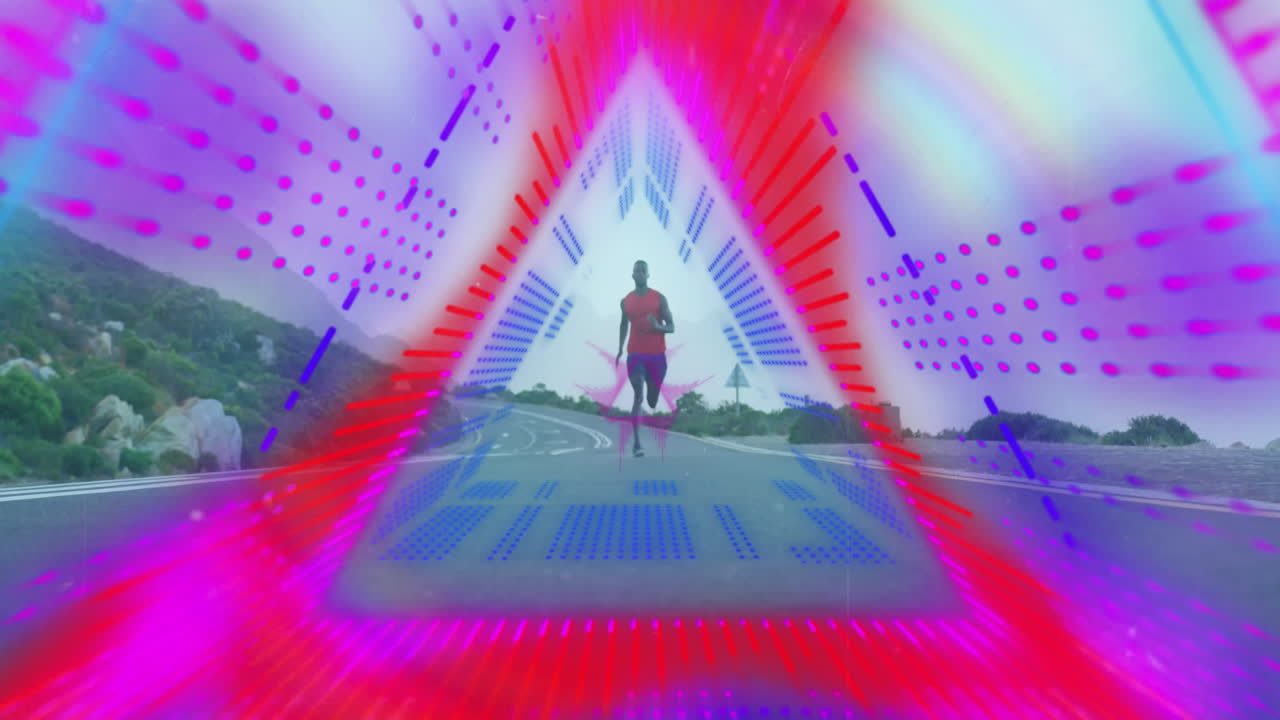 Running on road, colorful geometric animation radiating outward from runner