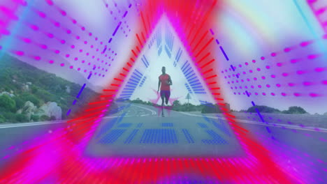 running on road, colorful geometric animation radiating outward from runner