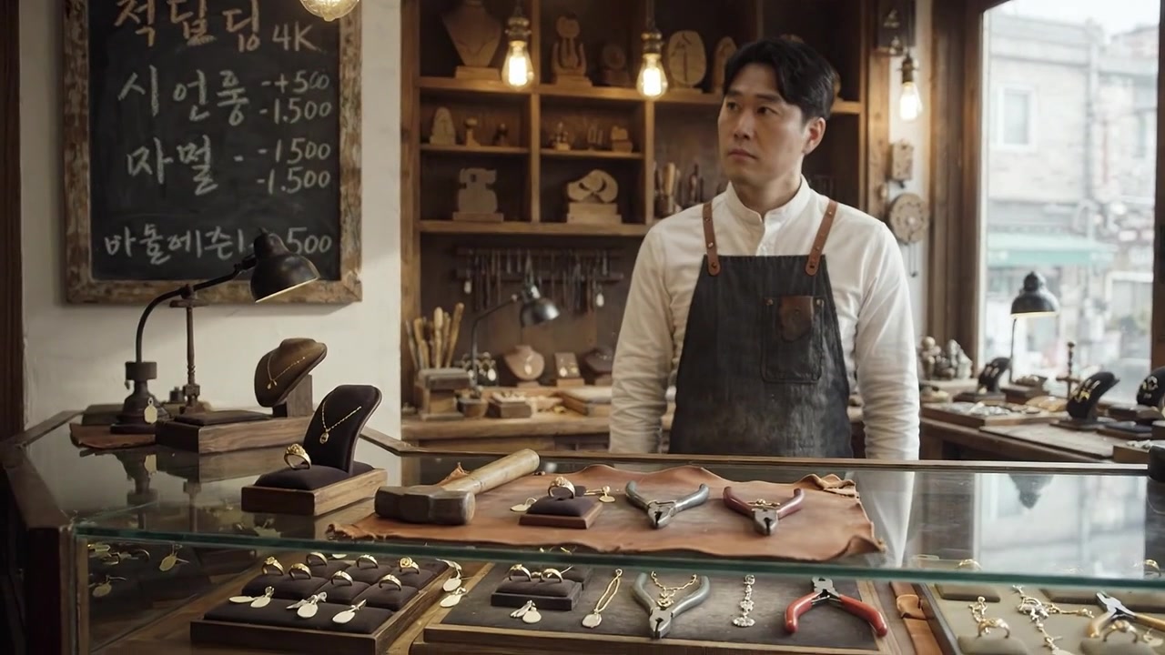 温かい光が差し込むヴィンテージ工房で、道具と職人技のジュエリーに囲まれた職人が、手作りの作品の熟練した技を披露。