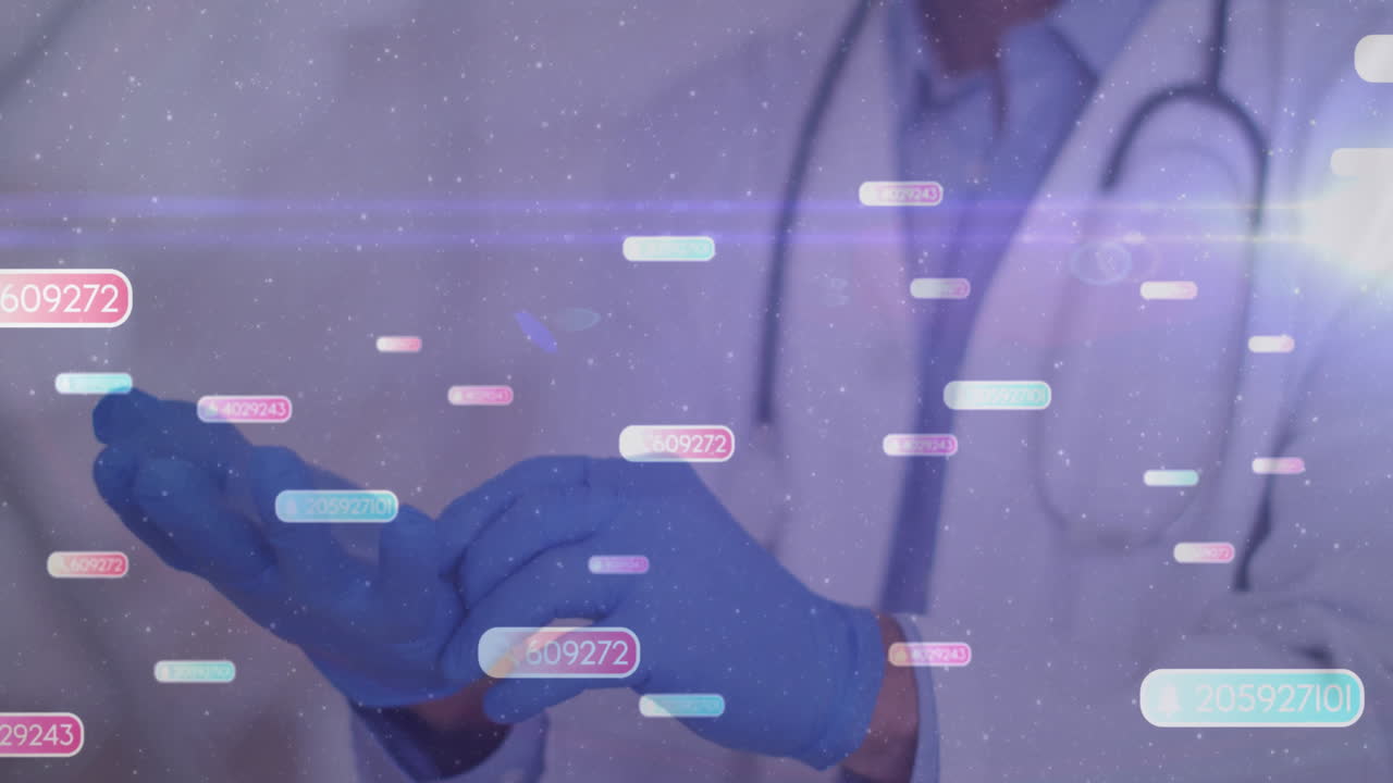 Senior doctor pulling on blue gloves with stethoscope in clinic, showing holographic data tags