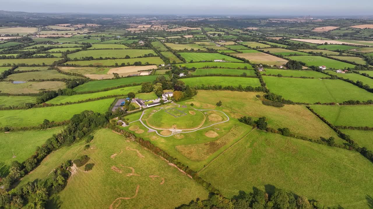Birds eye view of Knowth, Ireland. Neolithic historic site of passage tomb and mounds. Ireland