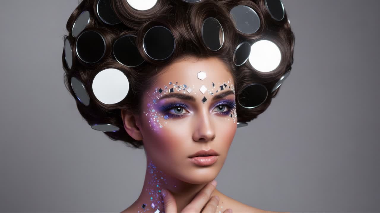 Stunning Beauty with Reflective Hair Art and Iridescent Makeup: A Captivating Display of Modern Fashion in Two Frames