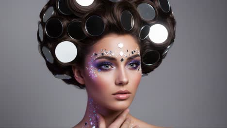 stunning beauty with reflective hair art and iridescent makeup: a captivating display of modern fashion in two frames