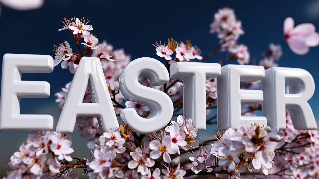 White letters spell "EASTER" amid blossoming pink flowers. Soft clouds drift behind a vivid blue sky. Springtime beauty surrounds the festive message