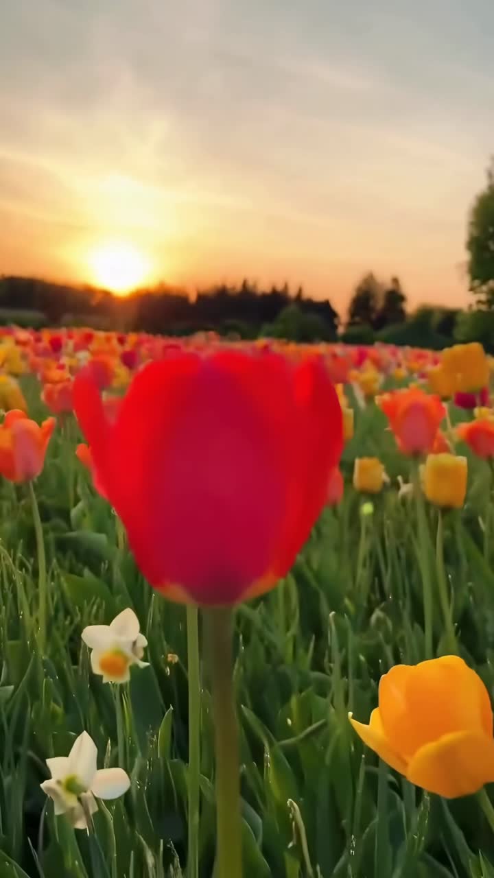 Eloisat tulppaanit auringonlaskussa kuvattuna alhaisesta kulma, mikä luo seesteisen ja elokuvamaisen videon tunnelman.
