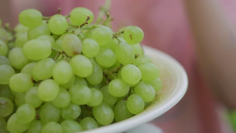 a young toddler girl is eating green grapes outside during the summer 2