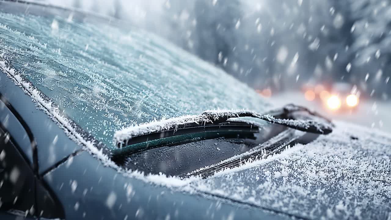 A Close-Up View of a Frost-Covered Windshield on a Winter Day, Capturing the Icy Details and Snowy Background of a Cold and Wintry Landscape