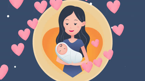 animation of caucasian mother with baby over navy background with hearts