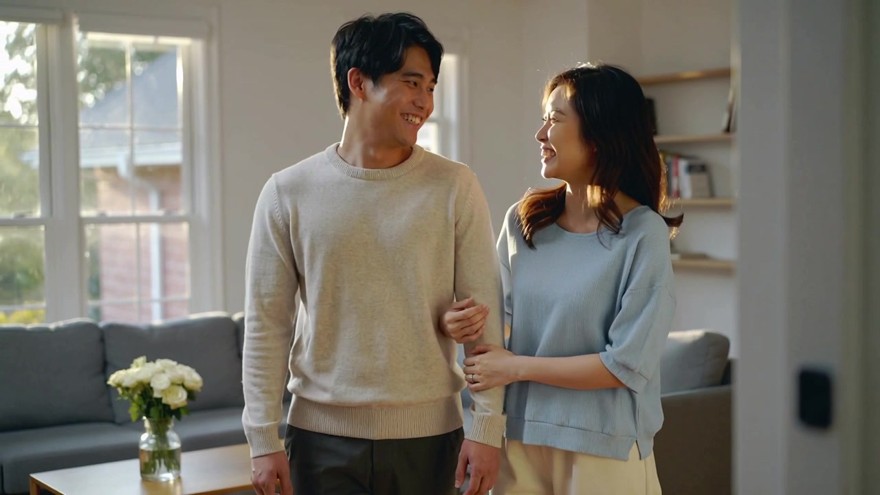 リビングルームに入ってきたカップルが、腕を組み、ベージュのセーターと薄い青のトップスを着てソファのそばで笑っている。