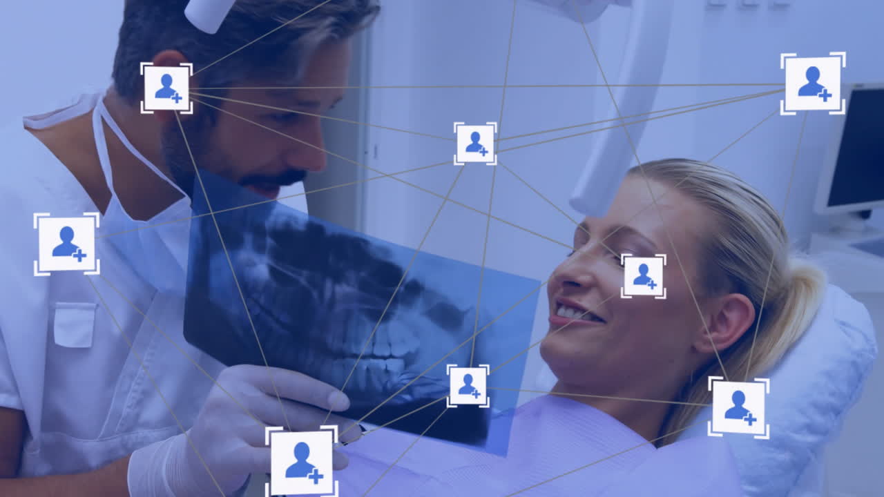 dentista examinando al paciente con rayos x dentales, conexiones de redes sociales animación sobre ellos