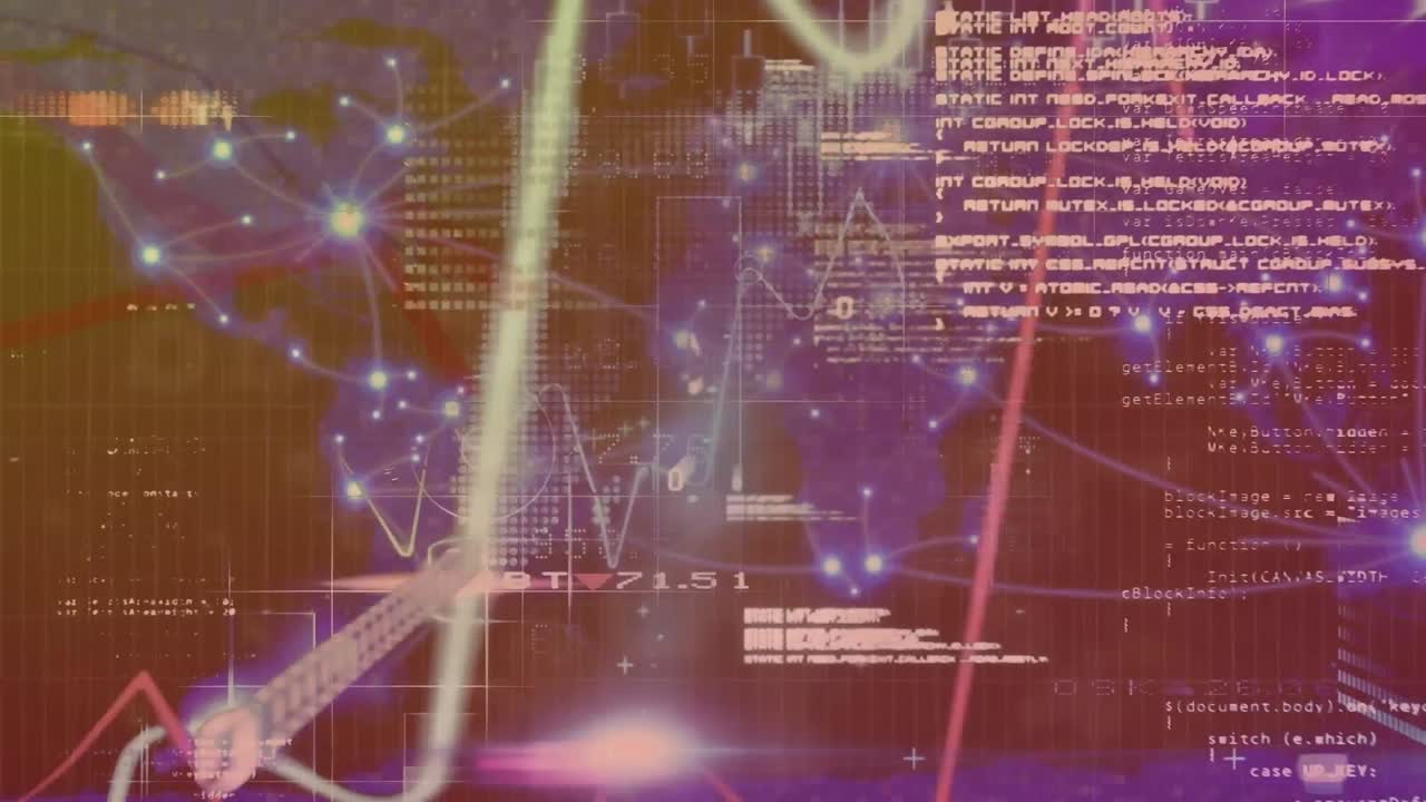Graphs and data processing over glowing communication network on dark background
