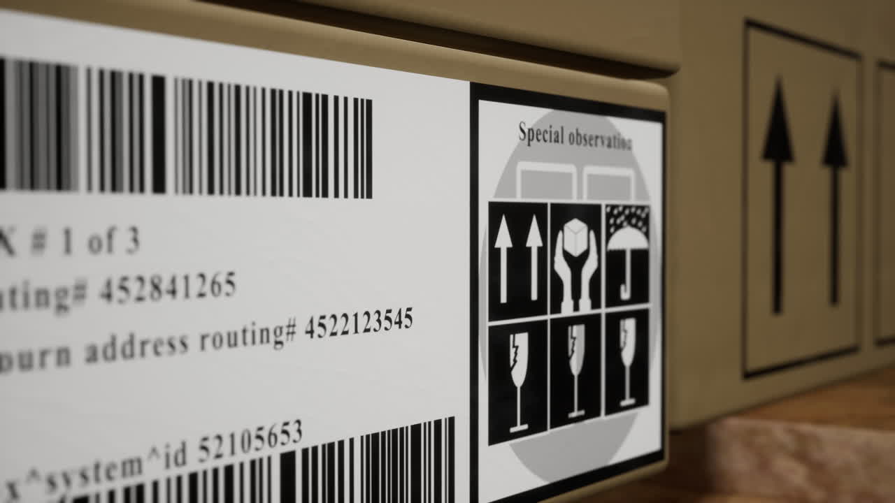 Cargo boxes and containers labeled with tracking numbers and shipment details