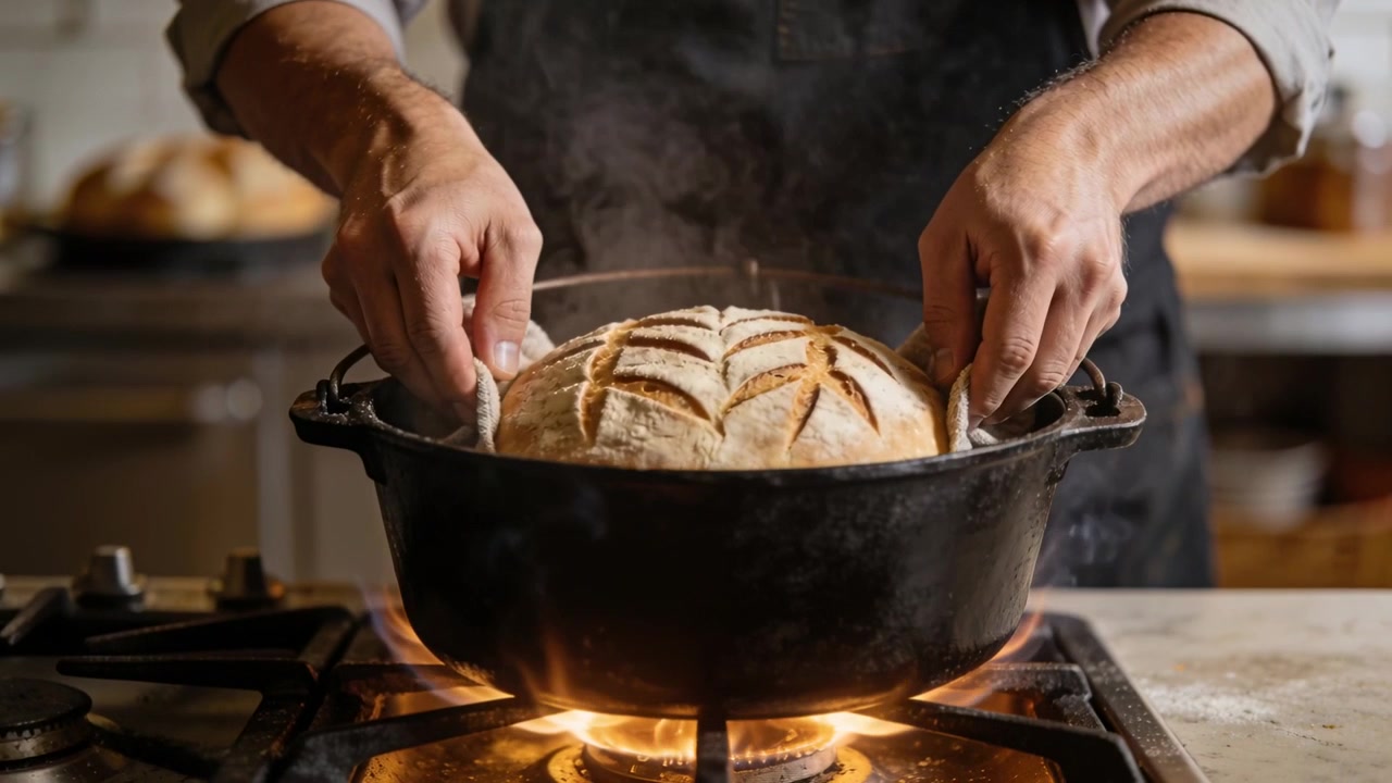 Piekarz w fartuchu umieszcza nacięty bochenek w parującym naczyniu żaroodpornym w kuchni, z ręcznikiem do pieczenia.