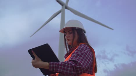 Tiro-De-ángulo-Bajo-De-Mujer-Ingeniera-De-Aerogeneradores-Usando-Tableta-En-La-Granja-De-Molinos-De-Viento