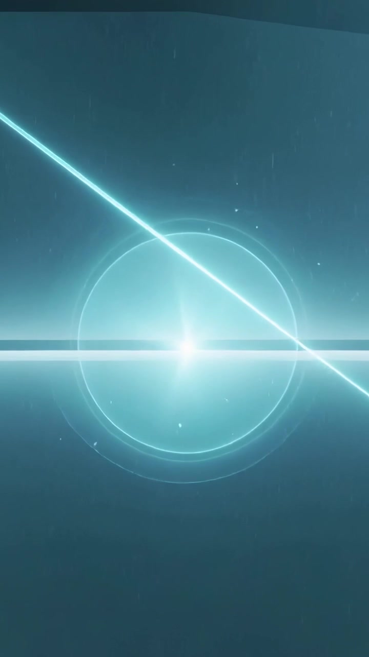 Vertical video: Pulsing cyan orb moving to horizon in CGI as diagonal beam sweeping left over bands