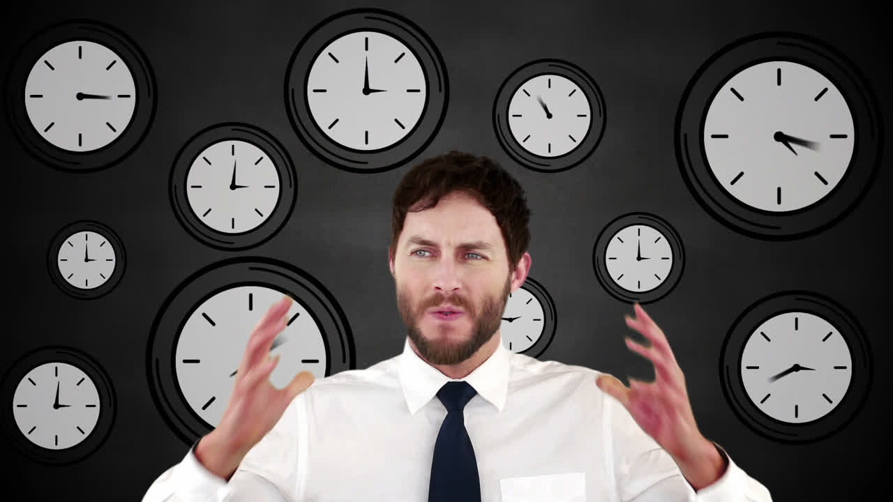 стрессовый бизнесмен с руками на голове.