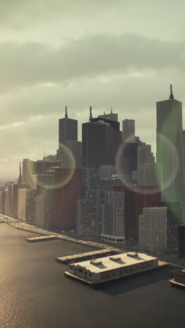 aerial view of city skyline at sunset