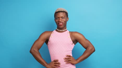 confident transgender ethnic woman blue background