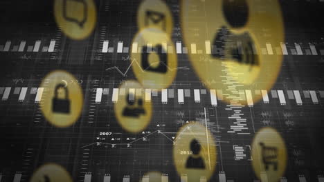 animación de iconos de medios sociales sobre gráficos y gráficos de datos financieros
